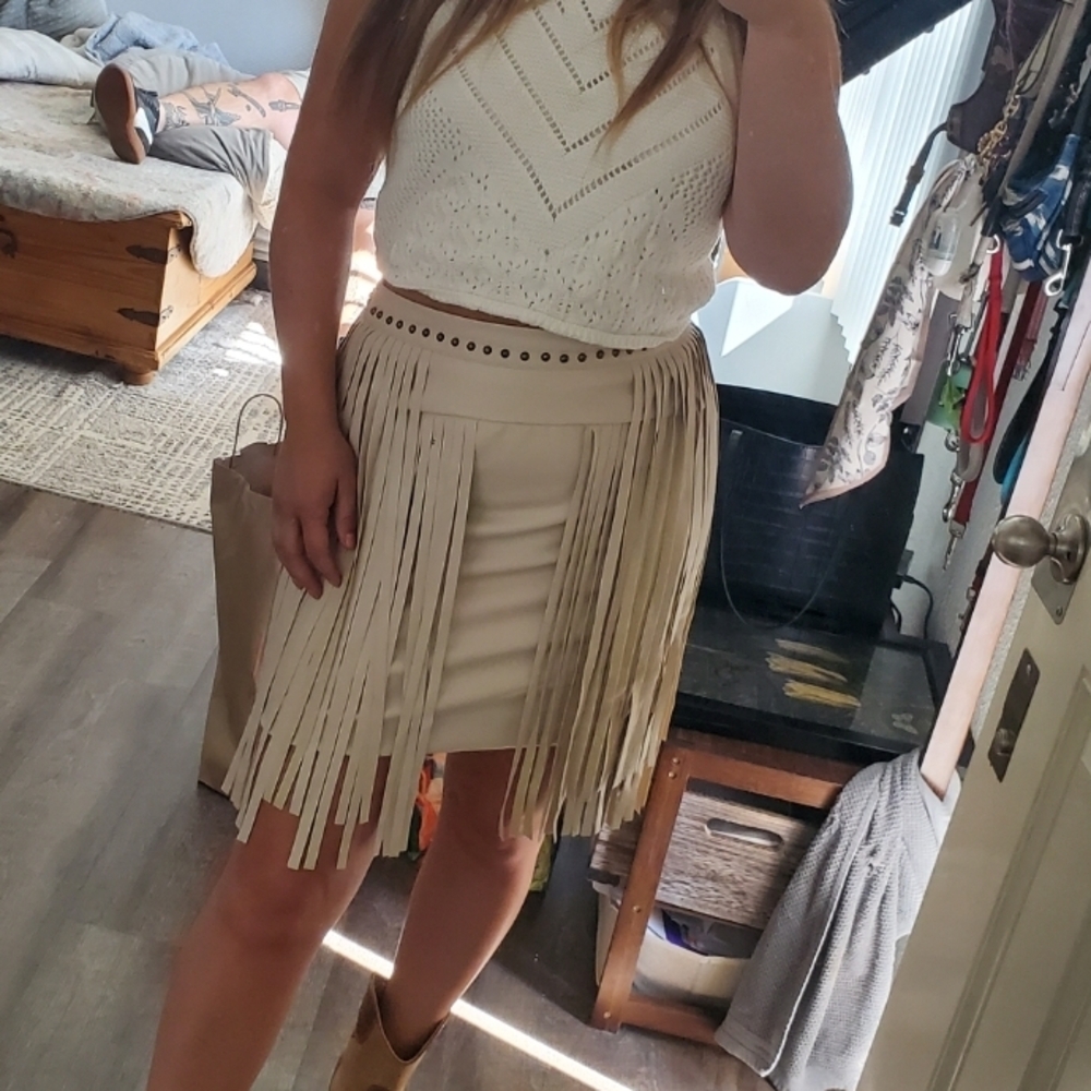 Studded Beige Fringe Skirt